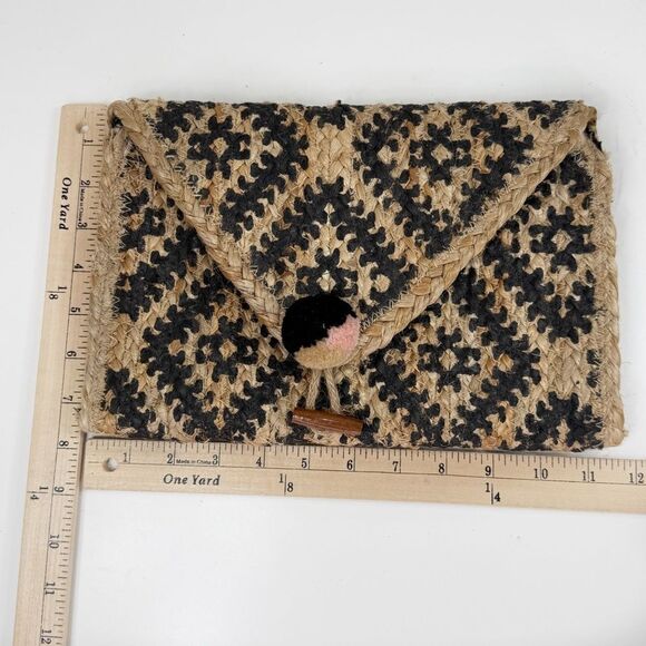 America & Beyond Printed Woven Jute Boho Envelope Clutch Bag Tan Black - Picture 11 of 12